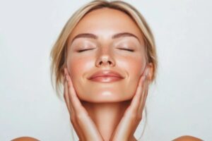 Donna con le mani sul viso stende la crema
