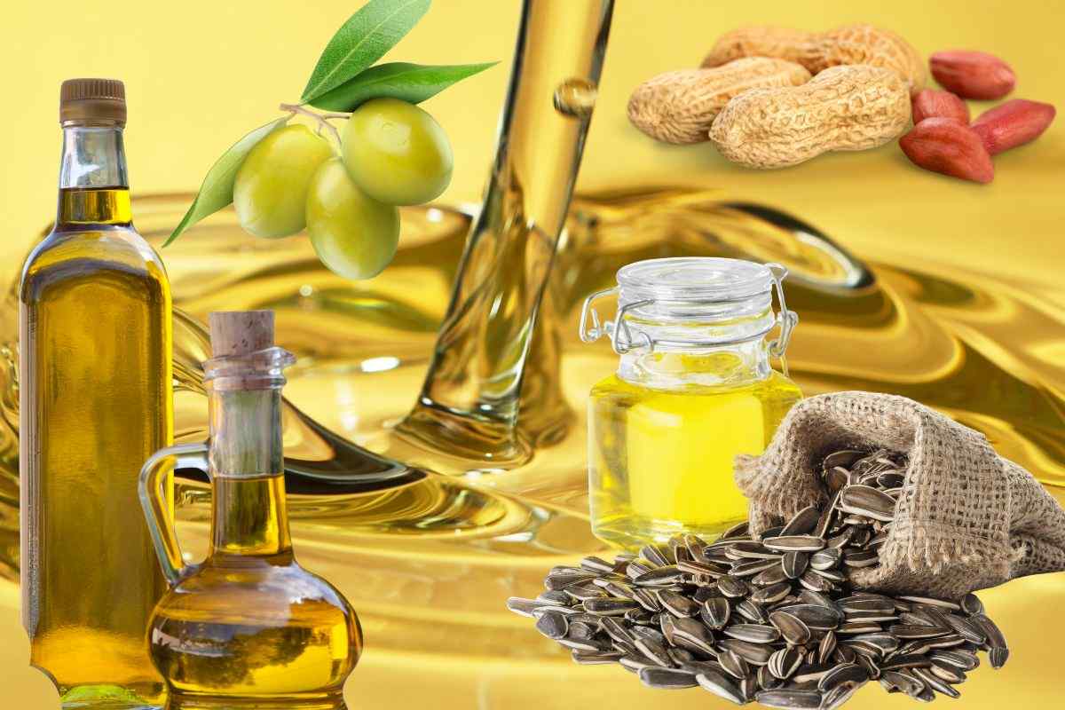 Diversi tipi di olio tra cui quello di oliva, di semi di girasole e di arachidi 